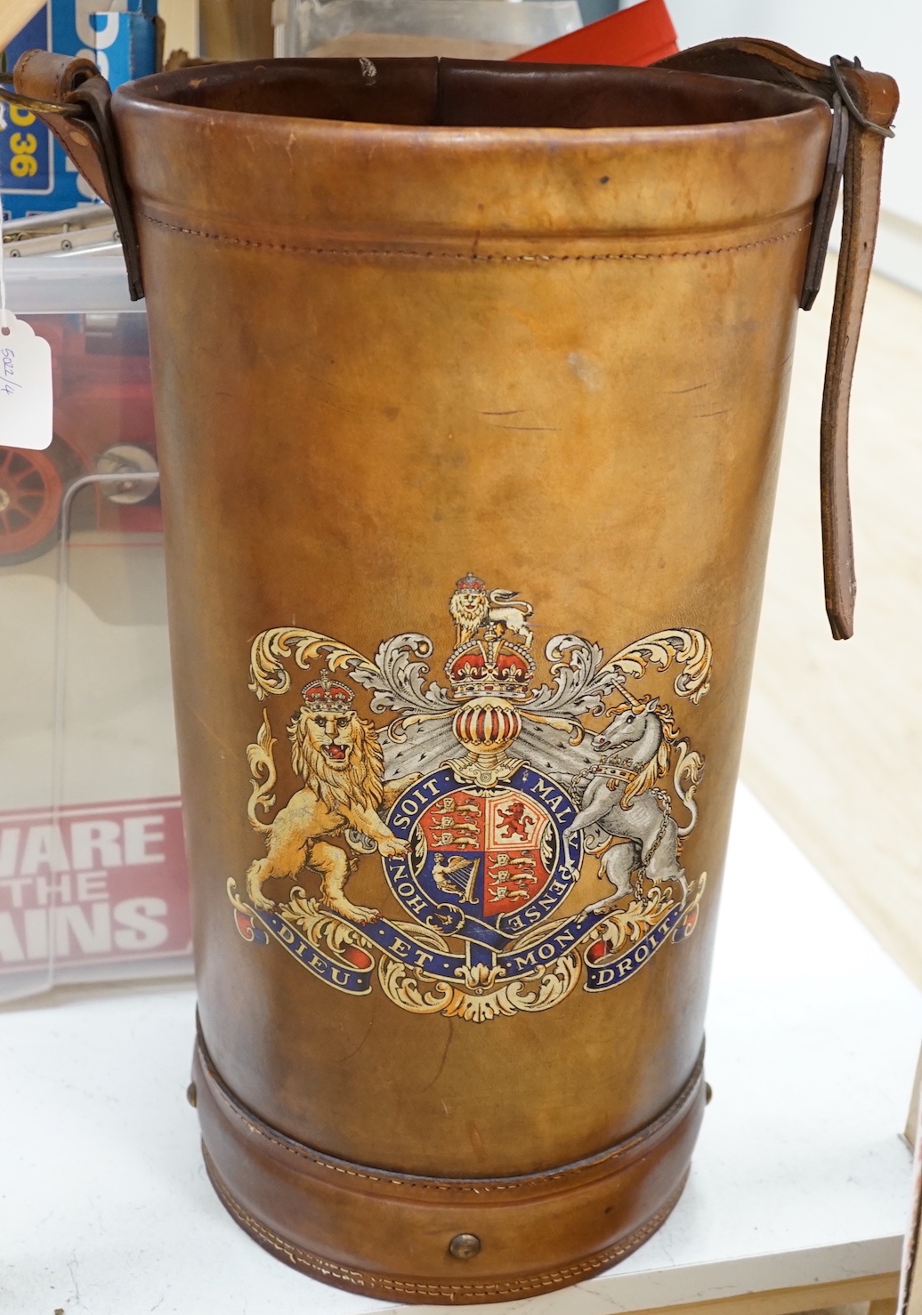 A brown leather hod carrier